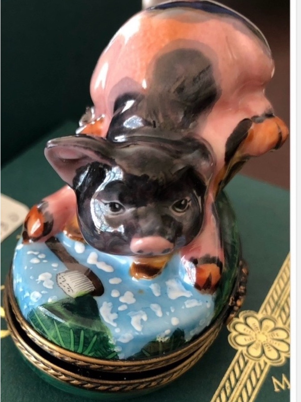 Limoges Handpainted Box by Rochard Pink and Black Pig Trinket Box